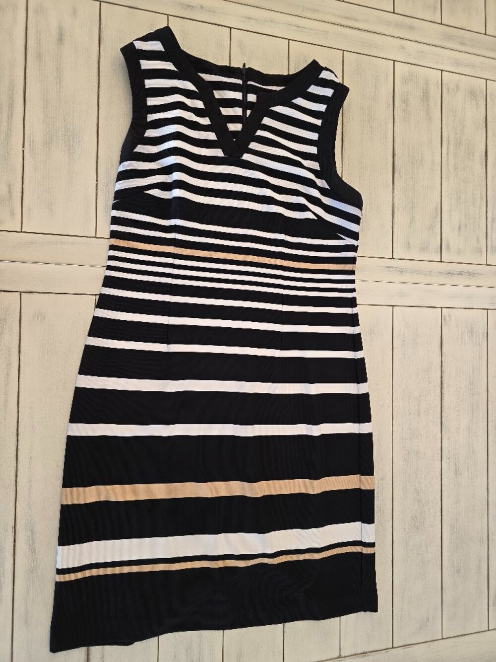 ILE New York Size 12 Black White Tan Striped Sheath Dress